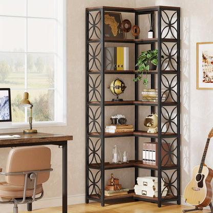 79-Inch Tall 7-Tier L-Shaped Corner Bookcase with Metal Frame - Heavy-Duty Freestanding Storage Shelf, Space-Saving Curved Design, Engineered Wood & Metal Construction, Contemporary Modern Style in Rustic Brown & Black for Li