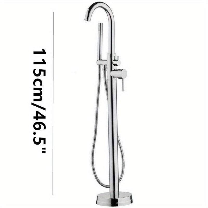 Badkraan – Vrijstaande Badkraan – Badmengkraan – Douchekraan – Badkuipkraan – Chroomgekleurd Messing – Vloerbevestiging – Met Handdouche – Instelbare Hoogte 118 cm