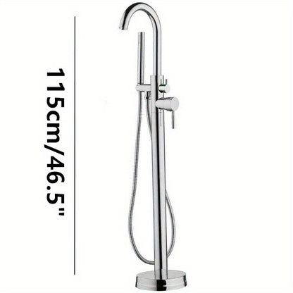 Badkraan – Vrijstaande Badkraan – Badmengkraan – Douchekraan – Badkuipkraan – Chroomgekleurd Messing – Vloerbevestiging – Met Handdouche – Instelbare Hoogte 118 cm