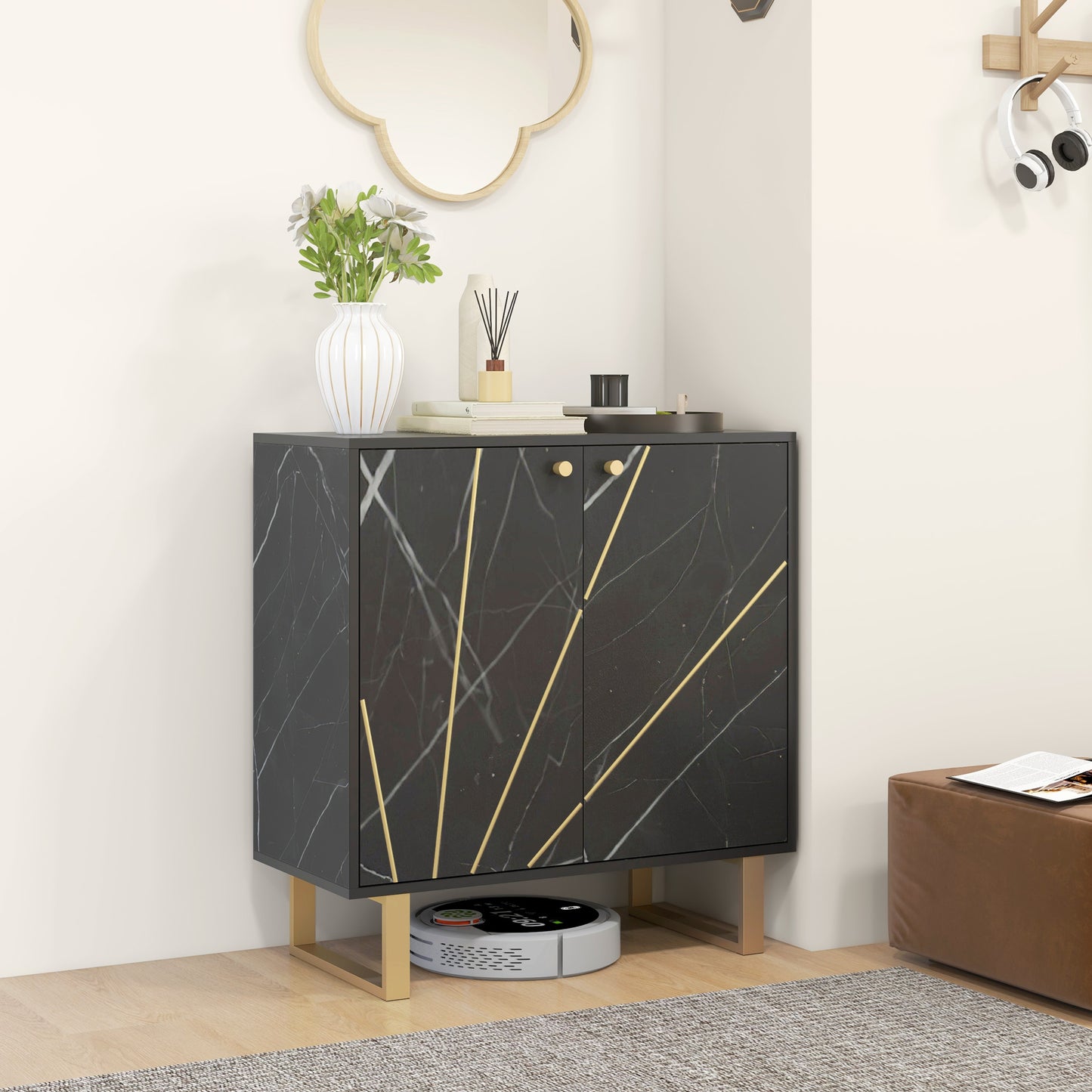 Homcom Living Room Storage Cabinet with 1 Drawer, 2 Doors, Adjustable Shelf, and Metal Legs - 76L x 35W x 77H cm, Black Marble Finish