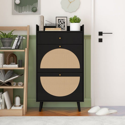 Schoenenkast – Schoenenrek – Schoenenopberger – Schoenenbank – Schoenenkast – Modern Rattan-Design – Verstelbare Breedte 127-150 cm – Zonder Achterwand