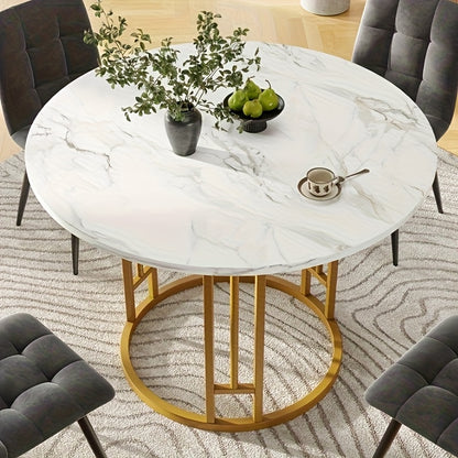 Eettafel – Ronde Tafel – Keukentafel – Dinertafel – Huiskamer Tafel – Marmerlook MDF Blad – Gouden Metalen Poot – Compact 80x80x76 cm – Voor 4 Personen