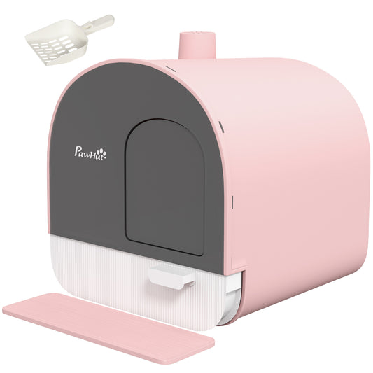 Kattentoilet – Kattenbak – Kattentoilet Met Deksel – Kattenbaksysteem – Kattenbak Met Schep – Gesloten Design – Inclusief Kattenbakmat – Duurzaam Kunststof – Roze/Zwart