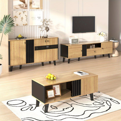 TV cabinet, entertainment cabinet, stylish and elegant: 170cm TV cabinet, wood colour and black design, TV furniture, low cabinet with drawers, multiple storage functions, unique appearance, ideal for living room furniture