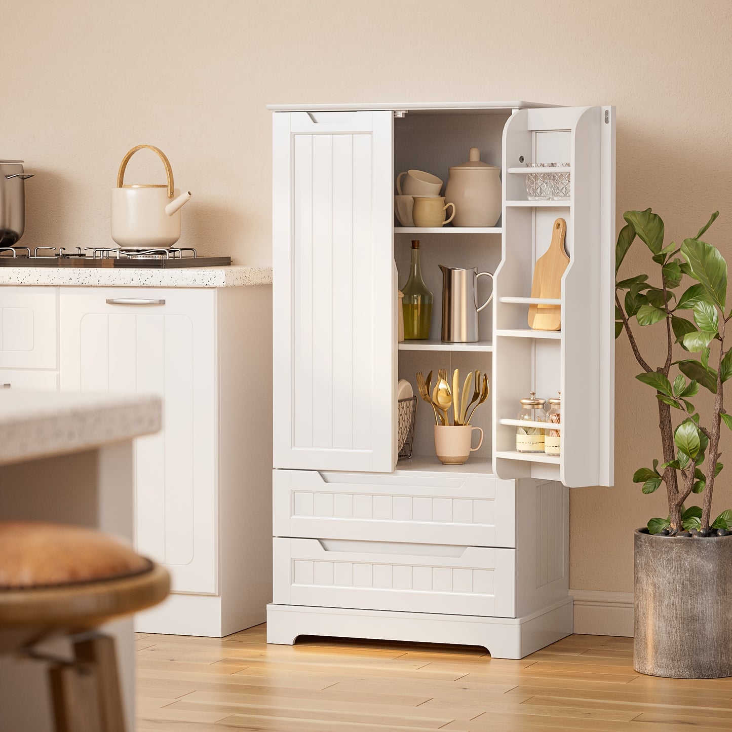 Keukenkast – Opbergkast – Buffetkast – Onderkast – Keukenmeubel – Grote Inhoud 3,2+ ft³ – MDF Hoogte 68 cm Wit