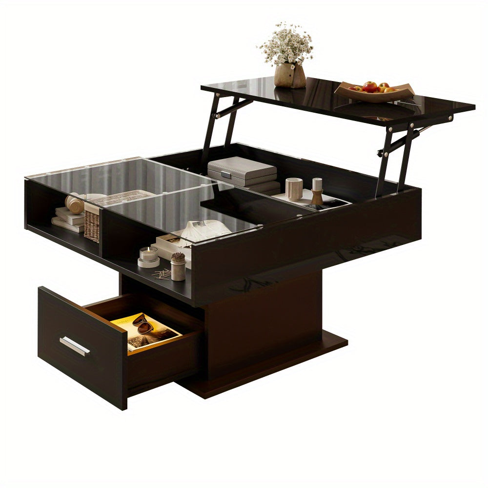 Verstelbare Salontafel – Multifunctionele Tafel – Lift-Top Tafel – Opberg Salontafel – Compacte Salontafel – Zwart Hoogglans – Duurzaam Spaanplaat – Ruimtebesparend Design