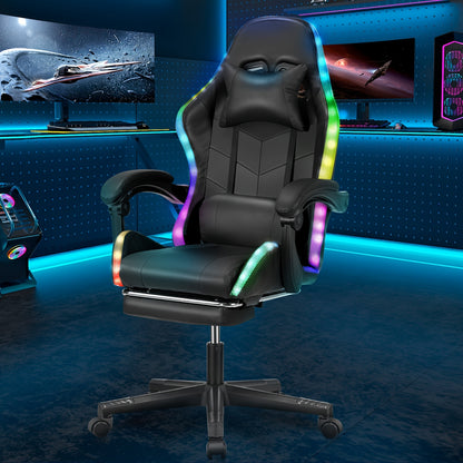 Black RGB Gaming Chair with Linkage Armrests, Foldable Base, Adjustable Height, Reclining Backrest, Footrest Support, Wooden Board Frame & Shaped Foam Cushion, Durable Nylon Base