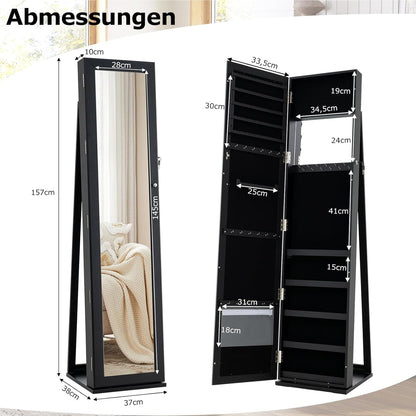 Sieradendoos – Juwelendoos – Sieradenkast – Sieraden Opberger – Sieradendoosje – Met Slot – Vrijstaand – Met Volledige Spiegel – MDF – Zwart – Luxe Opbergmeubel – Fluwelen Voering