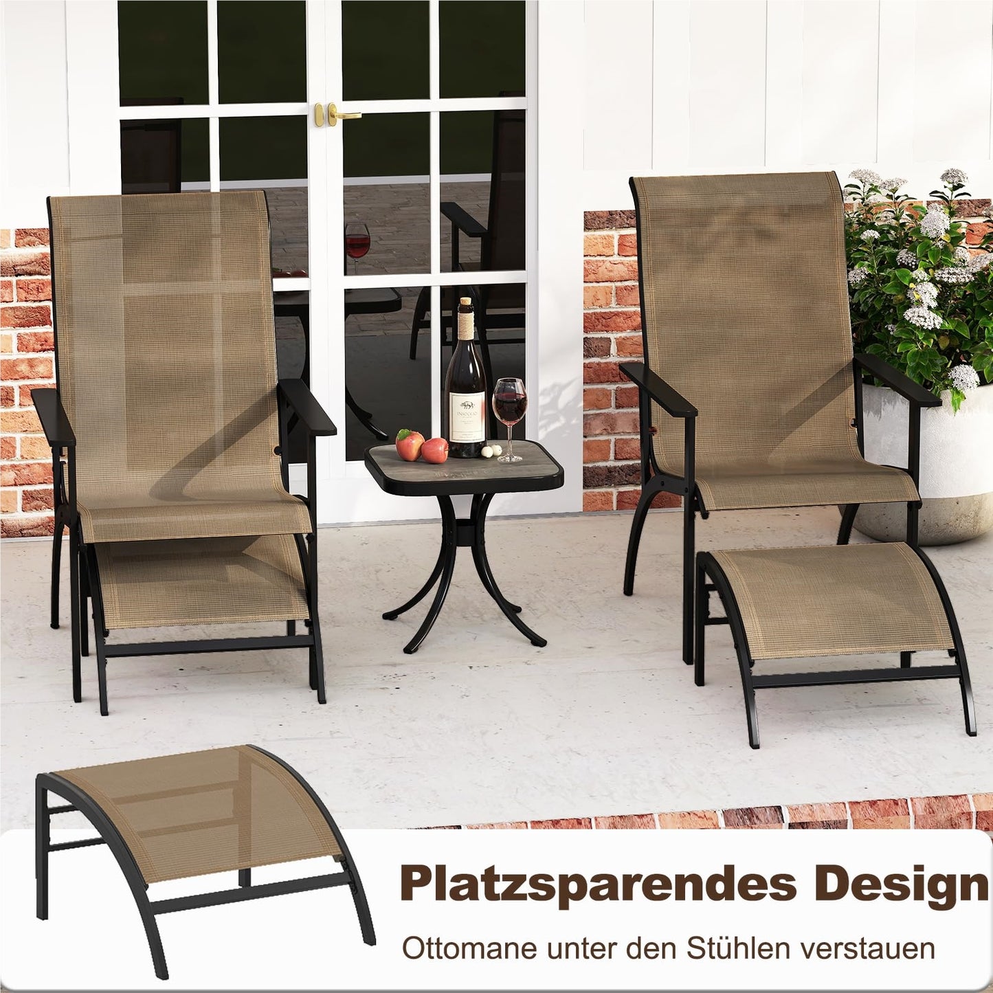 5-Delige Balkonmeubelset – Tuinmeubilair – Balkonset – Terrasmeubilair – Tuinset – Met 2 Stoelen, 2 Voetenbankjes en Tafel – Ergonomisch Comfort – Ruimtebesparend Design – Kleur Coffee