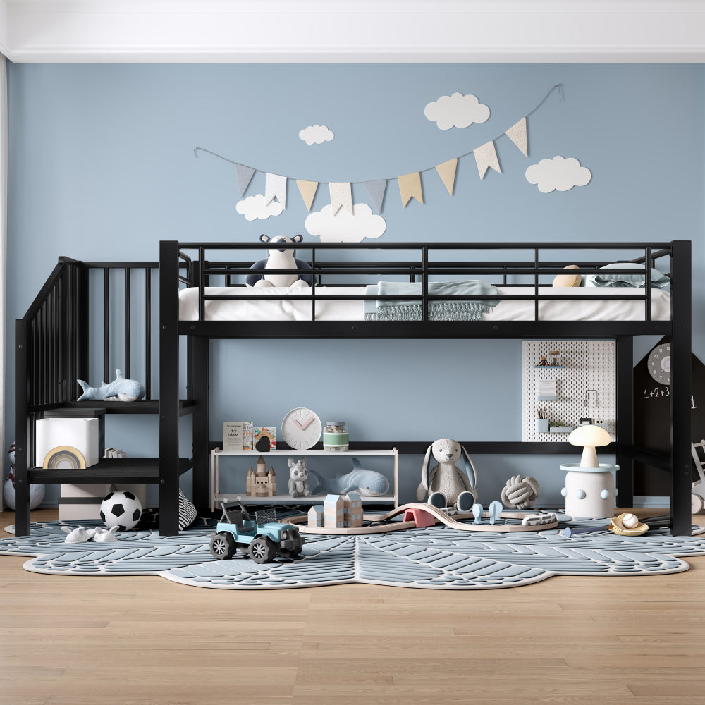 Hoogslaper – Bedframe – Mid-hoogslaper – Stapelbed – Kinderbed – 90x200 cm – Zwarte Opbergladder – Ruimtebesparend Design