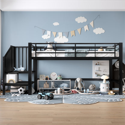 Hoogslaper – Bedframe – Mid-hoogslaper – Stapelbed – Kinderbed – 90x200 cm – Zwarte Opbergladder – Ruimtebesparend Design