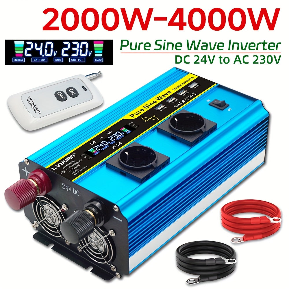 Spanningsomzetter 24V naar 230V – Omvormer – Inverter – DC naar AC Converter – Zuivere Sinusgolf – 2000W Continuvermogen – Draadloze Afstandsbediening & LCD-Display