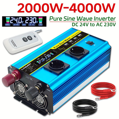 Spanningsomzetter 24V naar 230V – Omvormer – Inverter – DC naar AC Converter – Zuivere Sinusgolf – 2000W Continuvermogen – Draadloze Afstandsbediening & LCD-Display