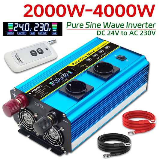 Spanningsomzetter 24V naar 230V – Omvormer – Inverter – DC naar AC Converter – Zuivere Sinusgolf – 2000W Continuvermogen – Draadloze Afstandsbediening & LCD-Display