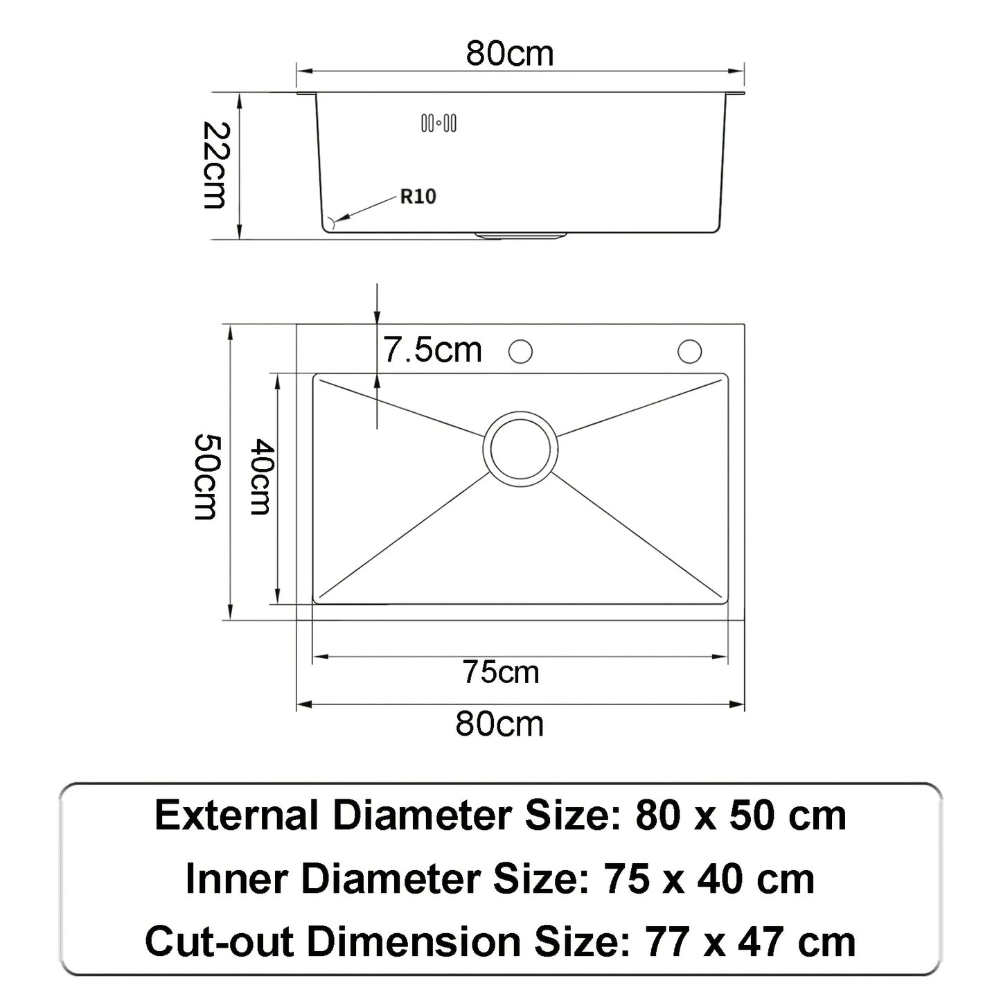 Stainless Steel Sink On A 80x50x22cm Countertop, Handmade Sink With Rotating And Extendable Faucet, Sink With Drain Basket And Soap Dispenser, Kitchen Sink, Bar Sink.