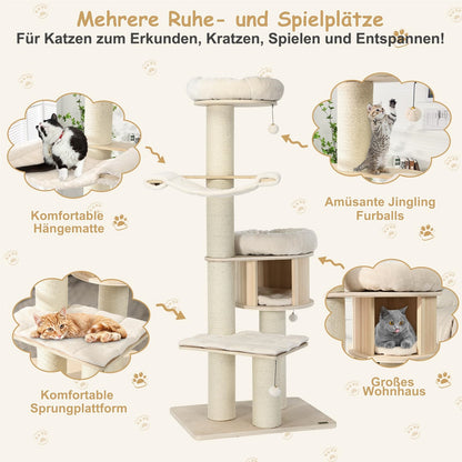 Krabpaal – Krabboom – Klimmeubel – Kattenmeubel – Krabton – 5-Lagen Hout – Inclusief Hangmat & Kattenhol – 174 cm Hoog – Sisal Krabpalen – Beige
