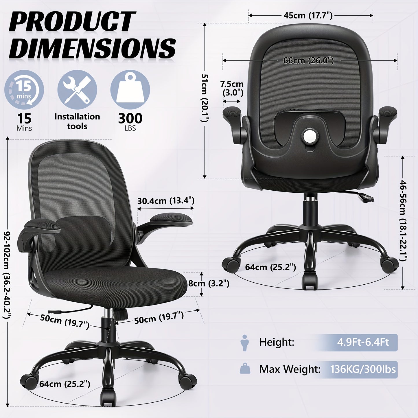 KERDOM Ergonomic Office Chair with Adjustable Height, 3D Lumbar Support & Breathable Mesh Back - Heavy-Duty Metal Frame, 360° Swivel Rolling Desk Chair with Flip-Up Armrests, Space-Saving Mid-Back Computer Chair for Home & O