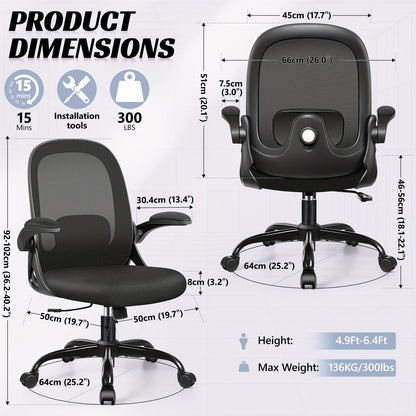 KERDOM Ergonomic Office Chair with Adjustable Height, 3D Lumbar Support & Breathable Mesh Back - Heavy-Duty Metal Frame, 360° Swivel Rolling Desk Chair with Flip-Up Armrests, Space-Saving Mid-Back Computer Chair for Home & O