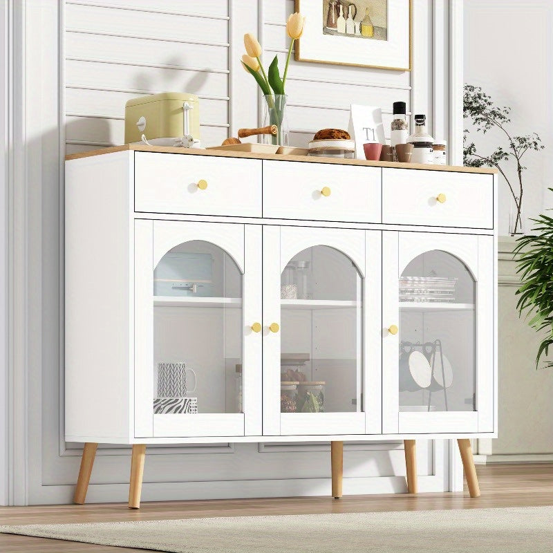 Wit metalen dressoir – buffetkast – opbergkast – keukenkast – vitrinekast – 3 lades & 3 gebogen glazen deuren – stevig metaal met brede opbergruimte