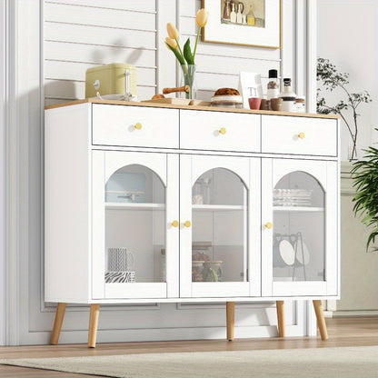 Wit metalen dressoir – buffetkast – opbergkast – keukenkast – vitrinekast – 3 lades & 3 gebogen glazen deuren – stevig metaal met brede opbergruimte