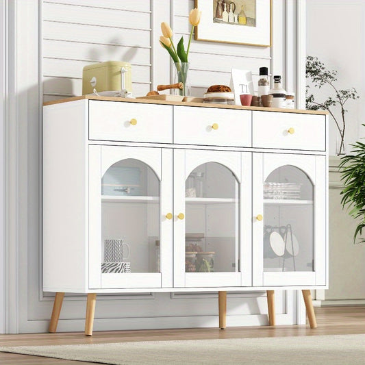 Wit metalen dressoir – buffetkast – opbergkast – keukenkast – vitrinekast – 3 lades & 3 gebogen glazen deuren – stevig metaal met brede opbergruimte