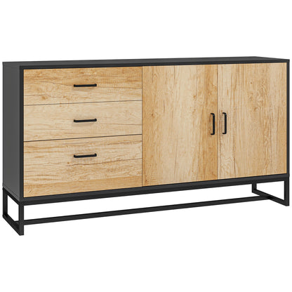 Dressoir – Buffet – Opbergkast – Ladekast – Woonkamermeubel – Natuurlijk Hout – 3 Laden & Verstelbare Plank – Stalen Poten & Soft-Close Scharnieren