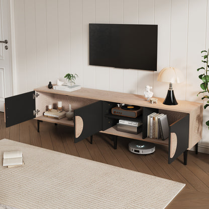 Modern TV Stand Compatible for 80-Inch TVs - Low Profile Media Console with 2 Cupboards & Open Shelves, Heavy-Duty Metal Frame, Assembly, Living Room Entertainment (180x35x49cm)