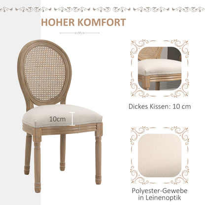Eetkamerstoelen – Stoel – Keukenstoel – Zithoekstoel – Armstoel – Set van 2 – Rattan Rugleuning – Gestoffeerde Zitting Linnen Look – Massief Houten Poten – Anti-slip Voetjes – Hoog Zitcomfort – Max. 120 kg