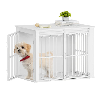 Wooden Dog Cage Furniture, 81cm Household Pet Crate, Double-Door Design with Sliding Door for Small to Medium Breeds, Includes Sturdy Side Table (55 × 81.4× 62.4) cm - Brown/White, Pet Crate Furniture, Furniture Dog Crate, - QUORE