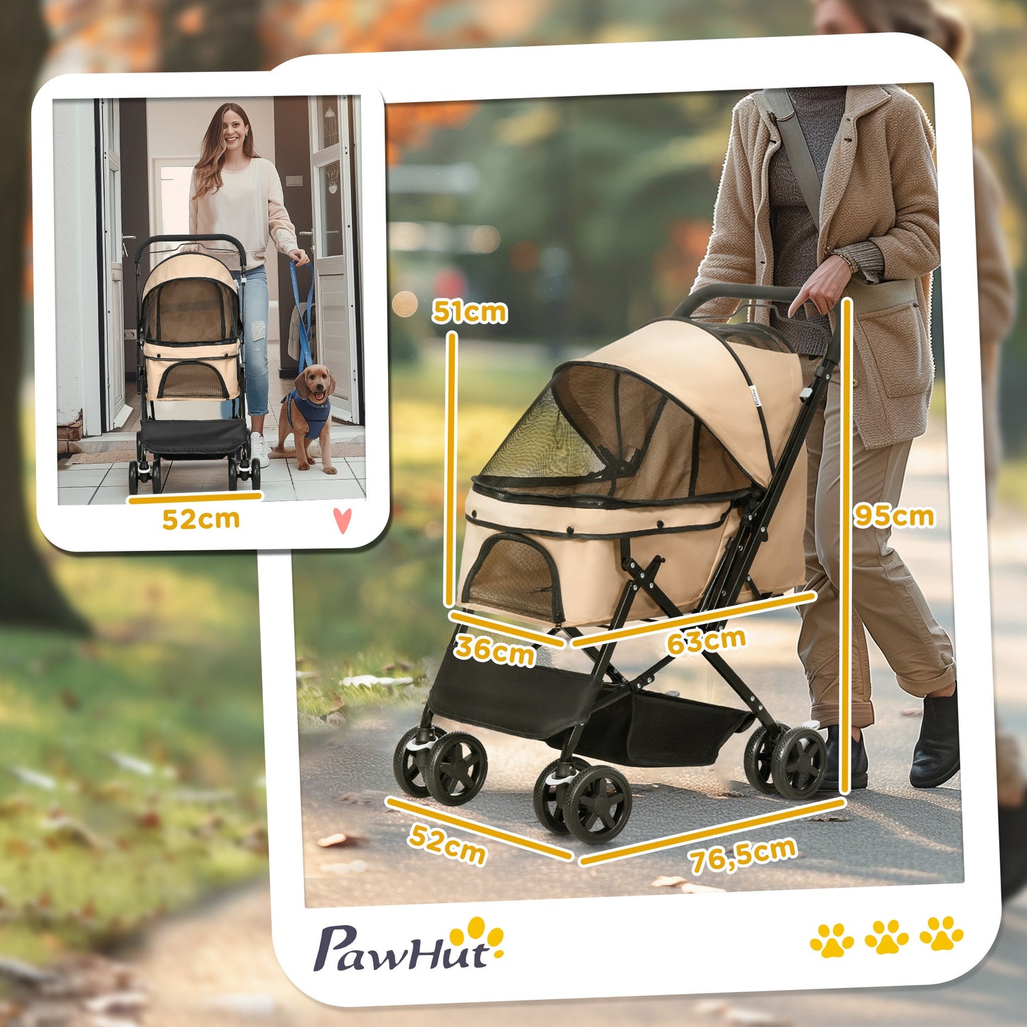 Hondenwagen – Hondenbuggy – Huisdierenbuggy – Wandelwagen – Pet Stroller – Inklapbaar – Veiligheidsharnas – Lichtbruin Stalen Frame