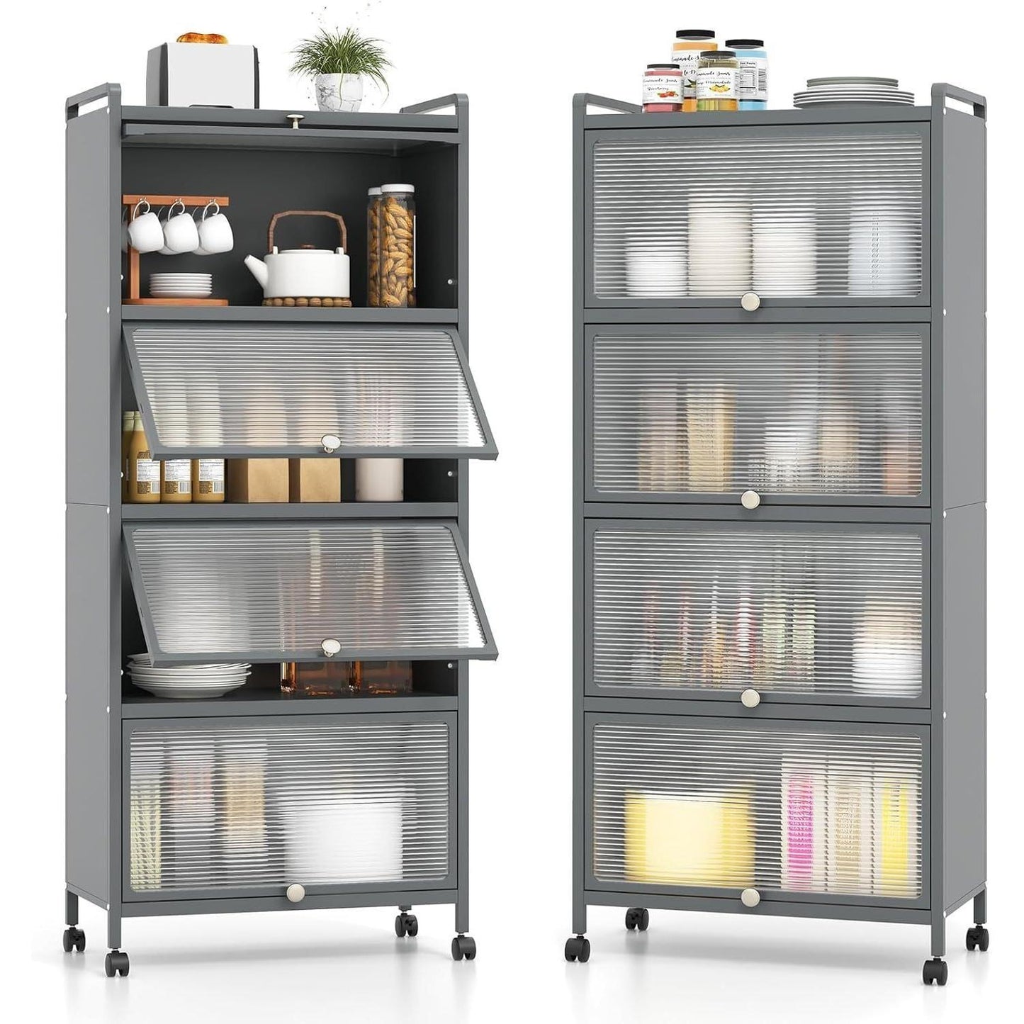 Keukentrolley – Opbergkast – Serveerwagen – Keukenkast – Trolley – 5 Lagen – 360° Zwenkwieltjes – Anti-Kantel Kits – Wit – Met Kunststof Deuren