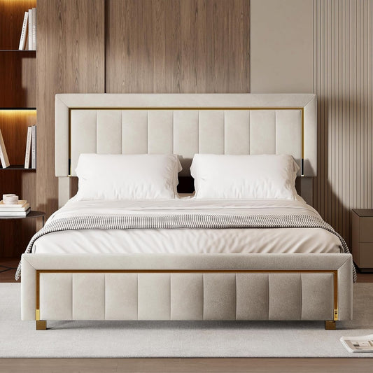 Fluwelen Bed – Bedframe – Opbergbed – Boxspringbed – Slaapbed – Beige Velvet – 160x200 cm – Hydraulische Opbergruimte – Stevige Houten Latten