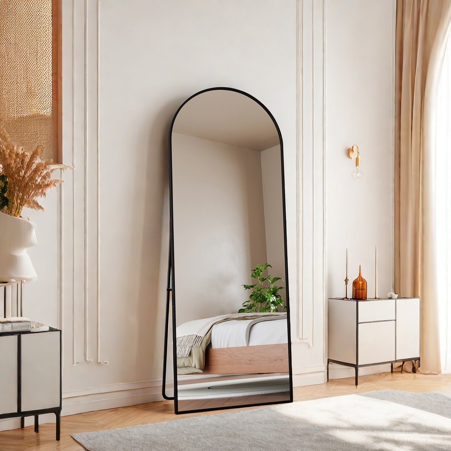 Vloerspiegel – Passpiegel – Staande Spiegel – Wandspiegel – Full-Body Spiegel – Gebogen Zwart Aluminium Frame – 162x53 cm – Schokbestendig Glas