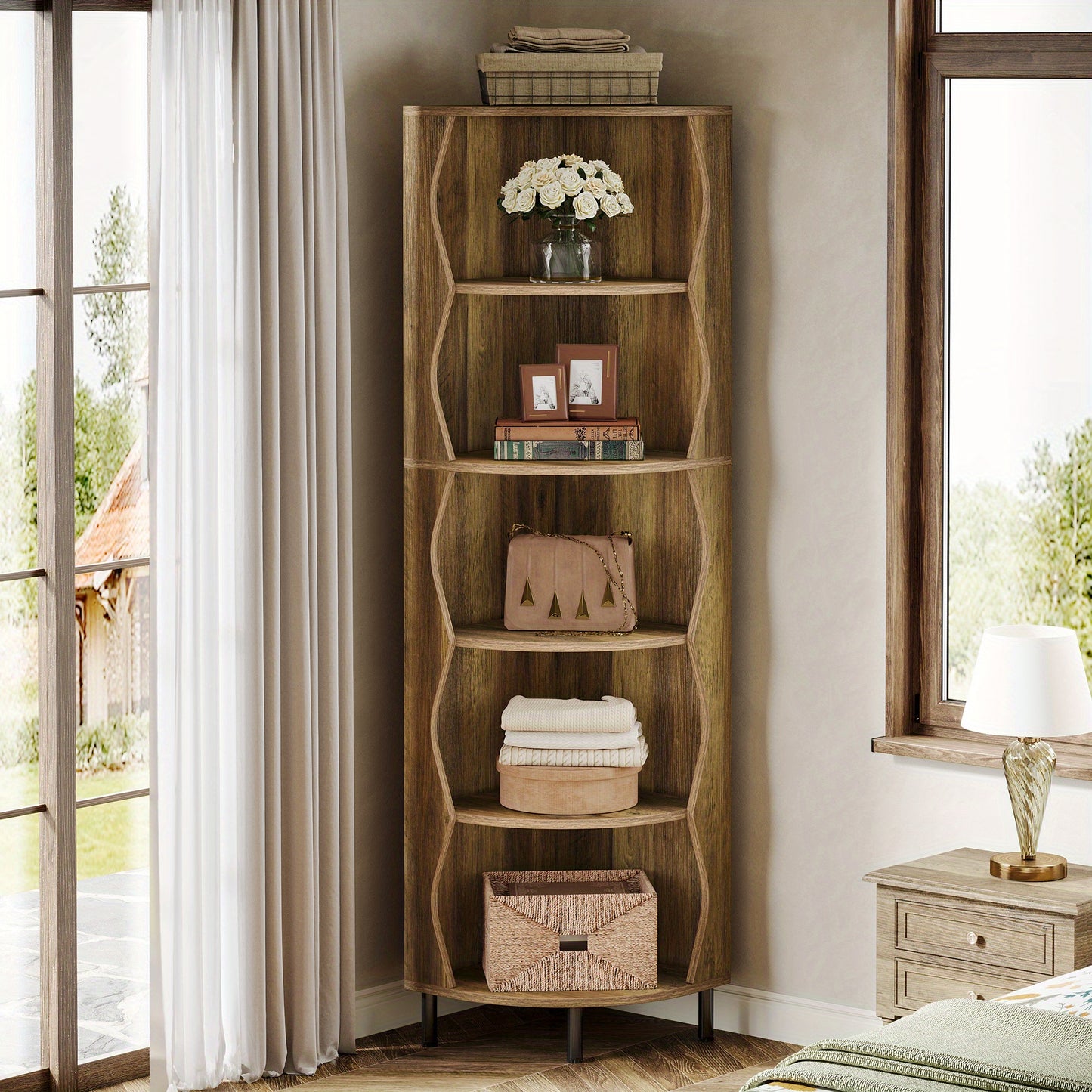 Hoekrek – Hoekkast – Boekenkast – Opbergrek – Vakkenkast – 71,5 Inch Hoog – Robuust Houten 5-Lagen Plank