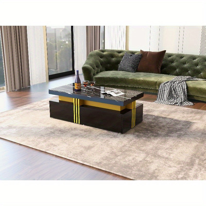 Moderne Salontafel – Koffietafel – Bijzettafel – Nachtkastje – Side Table – Marmerlook Hoogglans – 100x50x40 cm – 2 Lades & Metalen Frame