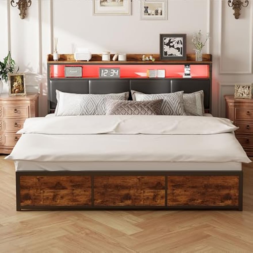 LED Gestoffeerd Tweepersoonsbed – Opbergbed – Bedlade Bed – Nachtkast Bed – Slaapkamerbed – 180x200 cm – 4 Lades Op Wieltjes – Geïntegreerde LED-Verlichting