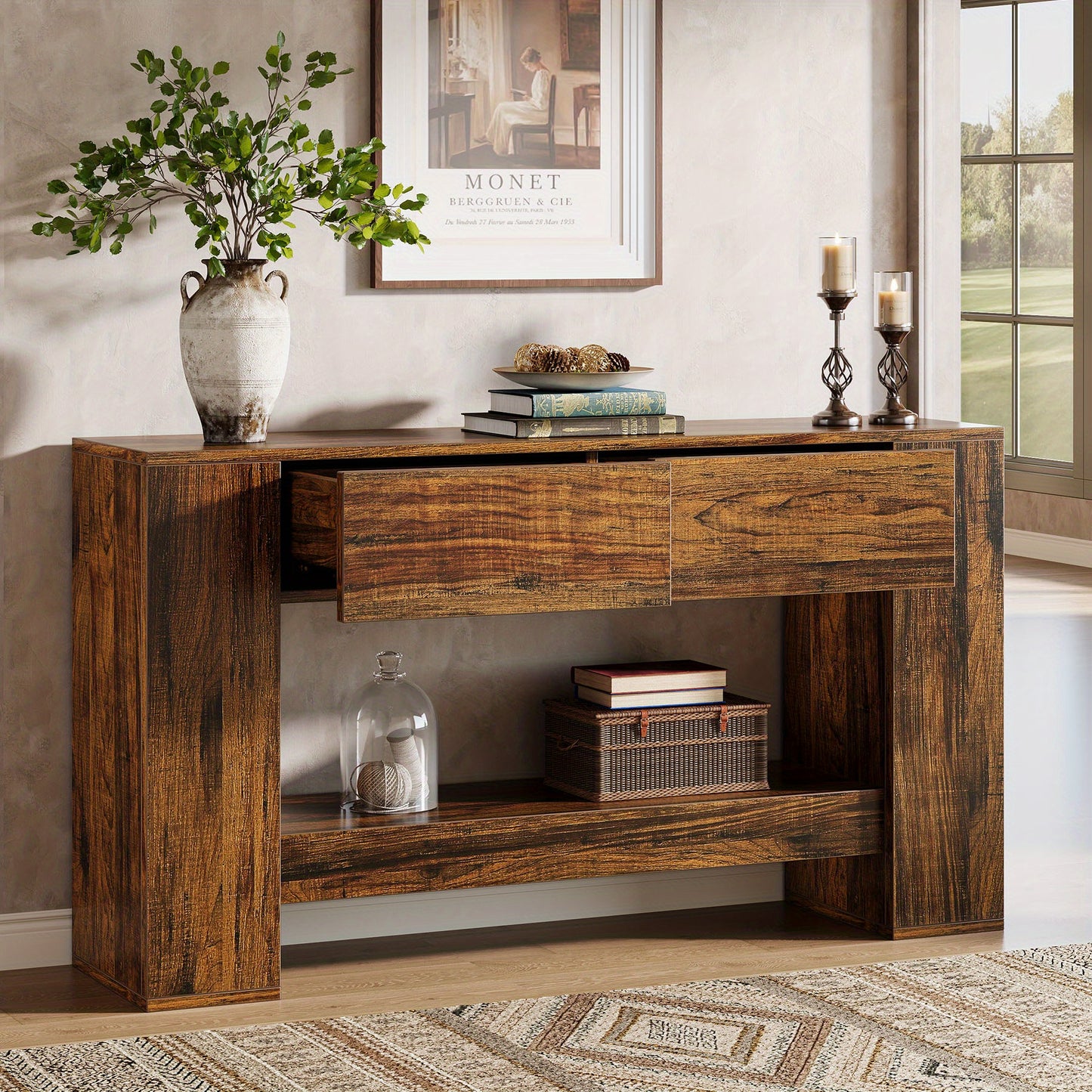 Extra Lange Haltafel – Halmeubel – Sofa Tafel – Sidetable – Wandtafel – 139,95 cm Lang – Verborgen Lades en Open Planken – Stevige MDF Houtlook – Eenvoudig Te Monteren