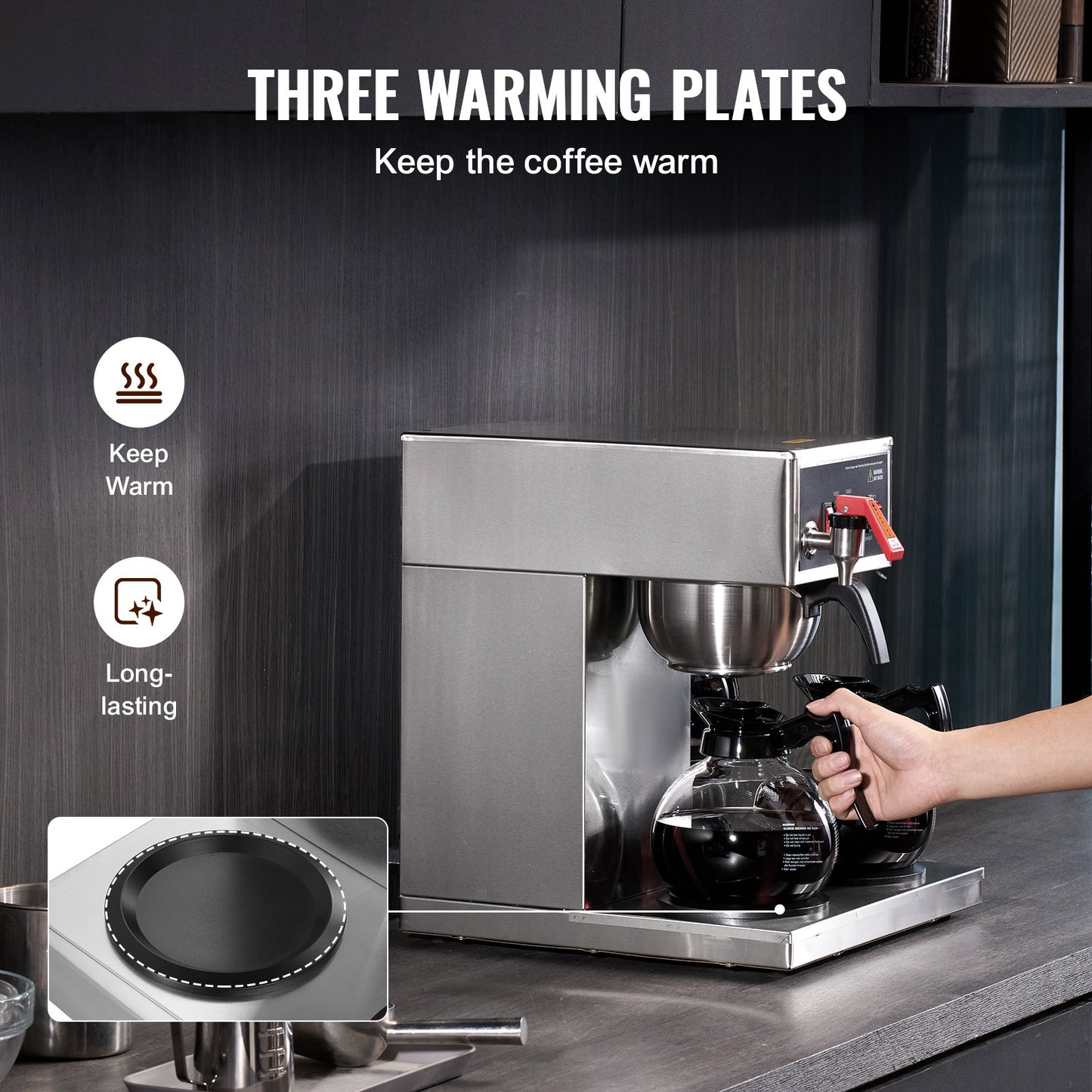 Filterkoffiemachine – Koffiezetapparaat – Drip koffiezetter – Commerciële koffiemachine – Horecakoffiemachine – 12 koppen capaciteit – 3 glazen kannen met warmhoudplaat