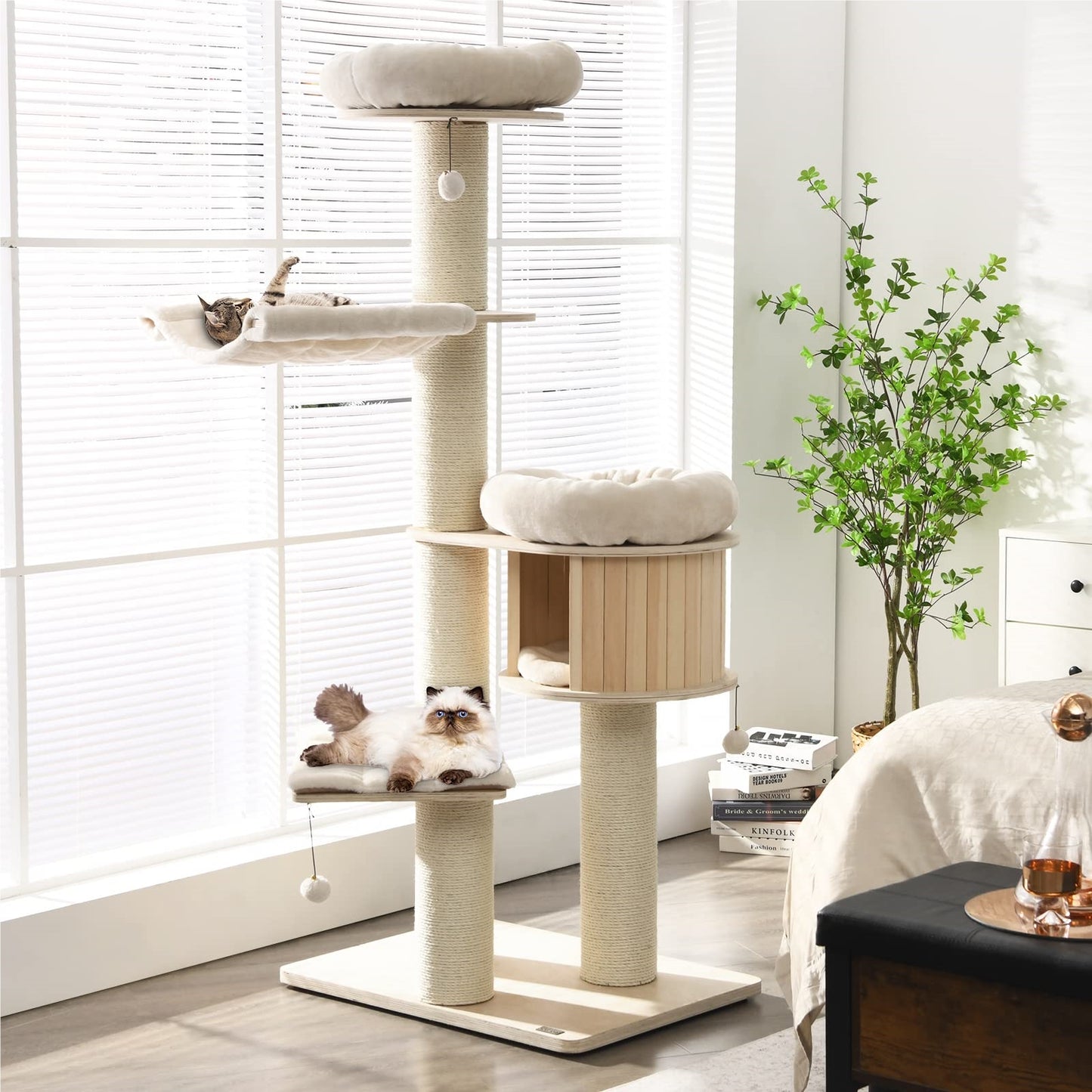 Krabpaal – Krabboom – Klimmeubel – Kattenmeubel – Krabton – 5-Lagen Hout – Inclusief Hangmat & Kattenhol – 174 cm Hoog – Sisal Krabpalen – Beige