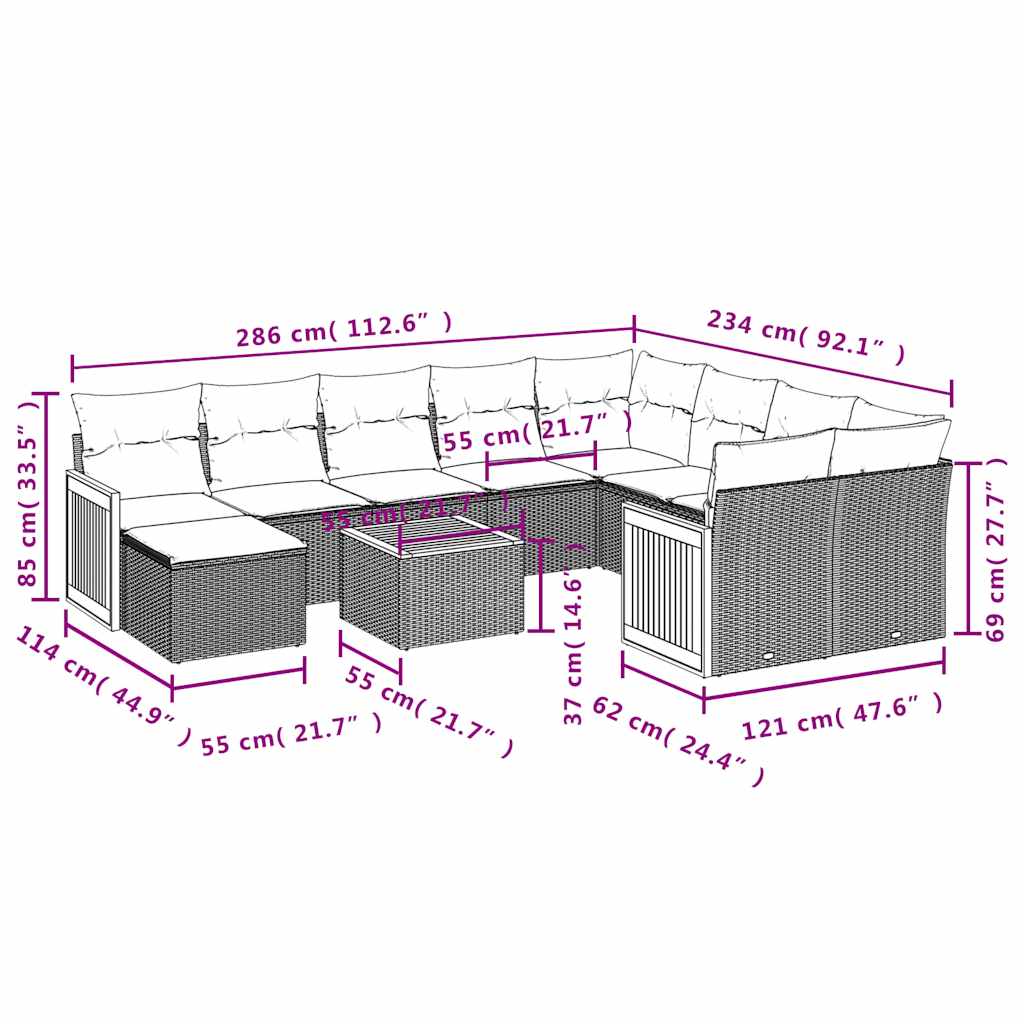 Buitenbank – Tuinbank – Zitbank – Tuinmeubel – Loungebank – Weerbestendig Polyrattan – Inclusief Tafel Met Acaciahouten Blad - Grijs