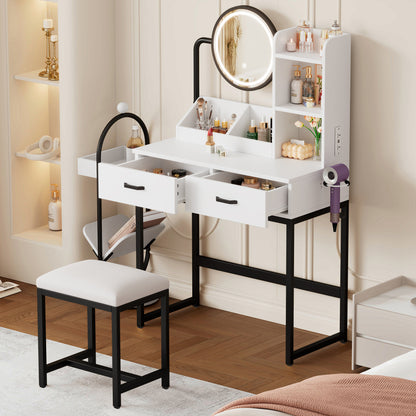 Make-up Tafel – Kaptafel – Schminktisch – Make-up Bureau – Vanity Set – Compact Formaat – Verstelbare Kruk Met Draaifunctie – Zwart Metalen Poten – 2 Lades & 2 Open Vakken – Kantelbare Spiegel – 80x138,5x40 cm
