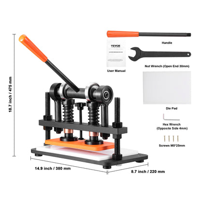 VEVOR Leather Cutting Machine, 25.9 x 12 cm Embossing Plate Manual Die Cutter, 1.2 cm Pressure Stroke Leather Embossing Machine, Dual Guide Shafts Die Cut Machine for Various of Materials