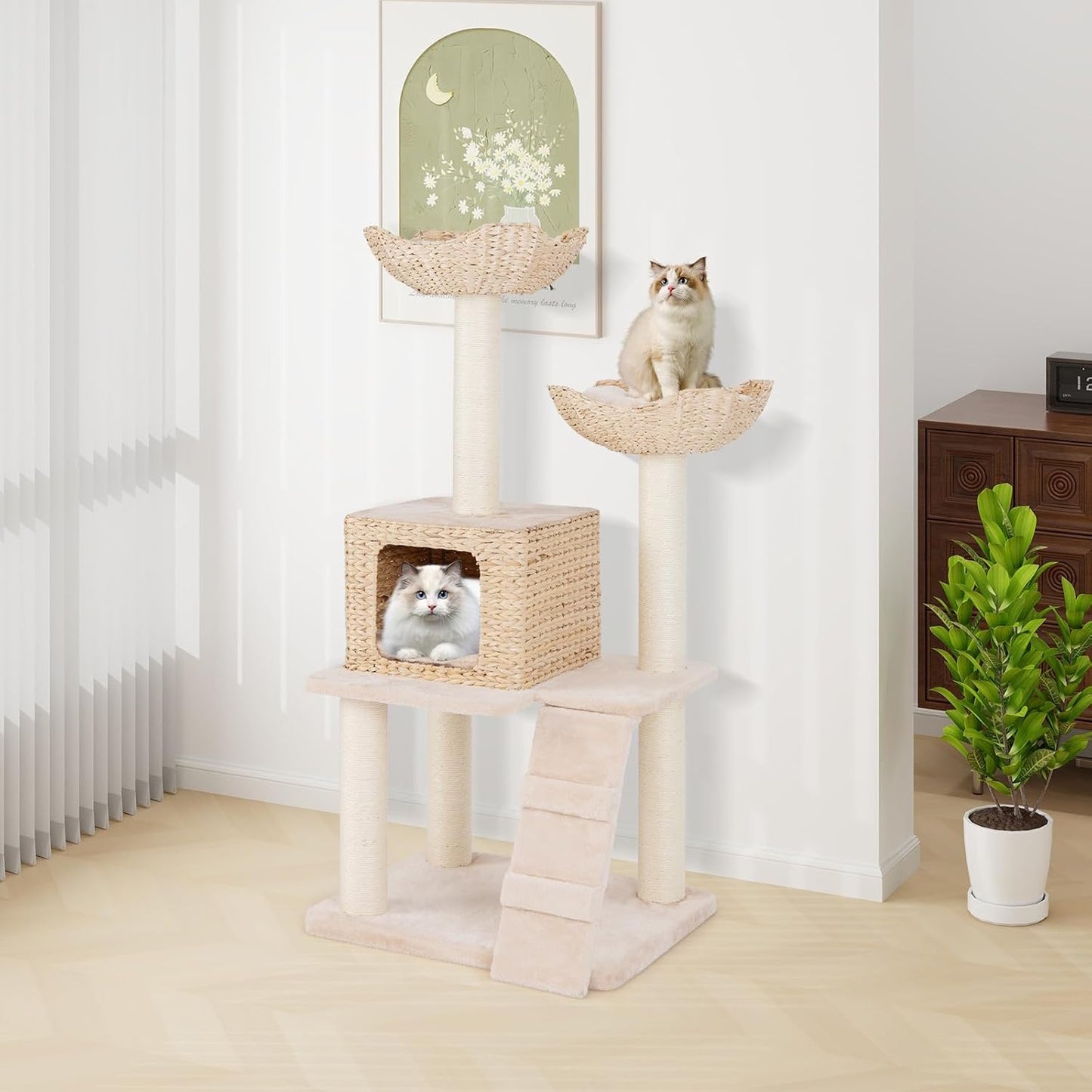 Krabpaal – Kattenboom – Krabmeubel – Kattenmand – Krabton – Natuurlijk Hout – 122 cm Hoog – 4 Niveaus Met Sisal Krabpalen
