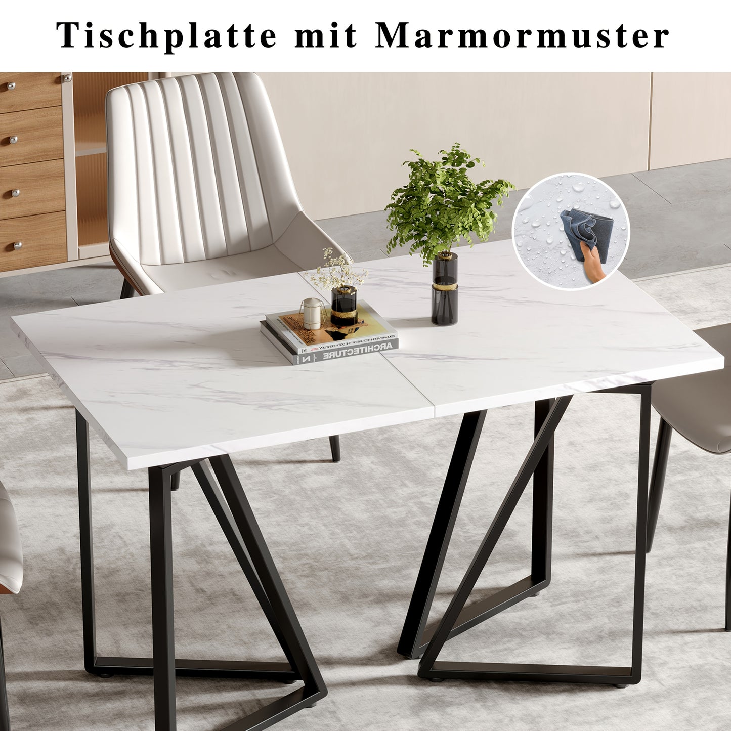 Eettafel – Eetkamertafel – Keukentafel – Uitschuiftafel – Bureaublad – Modern Design – Uittrekbaar Tafelblad – Verstelbare Pootjes – Marmerprint – MDF Wit met Gouden Accenten