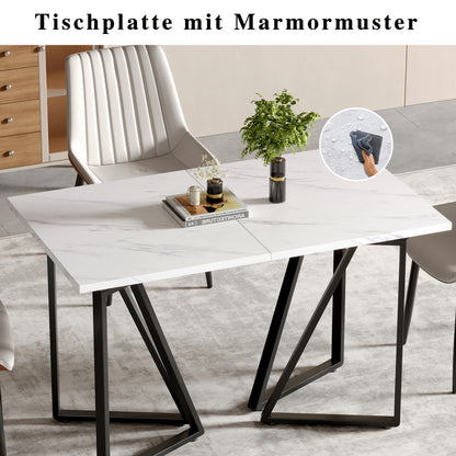 Eettafel – Eetkamertafel – Keukentafel – Uitschuiftafel – Bureaublad – Modern Design – Uittrekbaar Tafelblad – Verstelbare Pootjes – Marmerprint – MDF Wit met Gouden Accenten