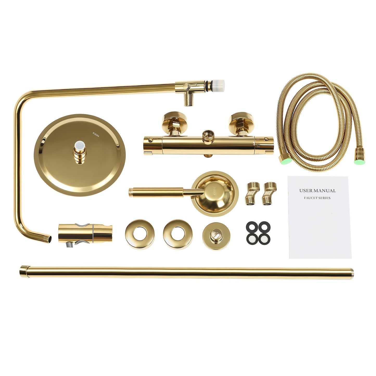 Regendouche – Douche Set – Douchepakket – Douchekolom – Douche Systeem – Thermostaat – Gouden Messing Afwerking – 20 cm Draaibare Topdouche – Instelbare Sproeistanden
