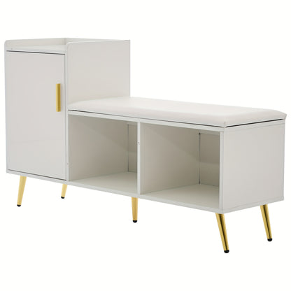 Schoenenkast – Schoenenrek – Schoenenopberger – Halkast – Schoenenbankje – Hoogglans Wit – Met Gouden Accenten – Comfortabel Bekleed Zitgedeelte