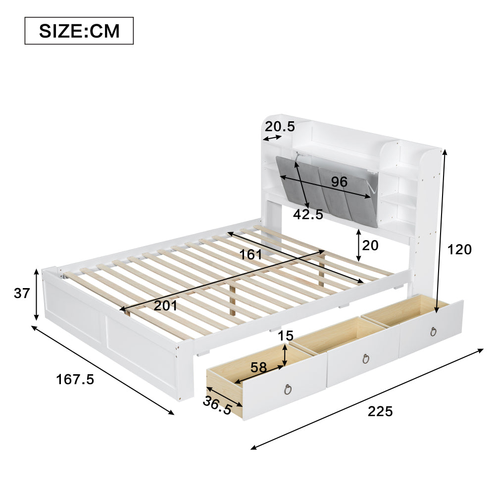 Bedframe – Tweepersoonsbed – Opbergbed – Met Lattenbodem – Metal Bed – Modern Design – 160x200 cm – Stevig Metalen Frame Met 3 Lade Opbergruimte & Liftdeksel