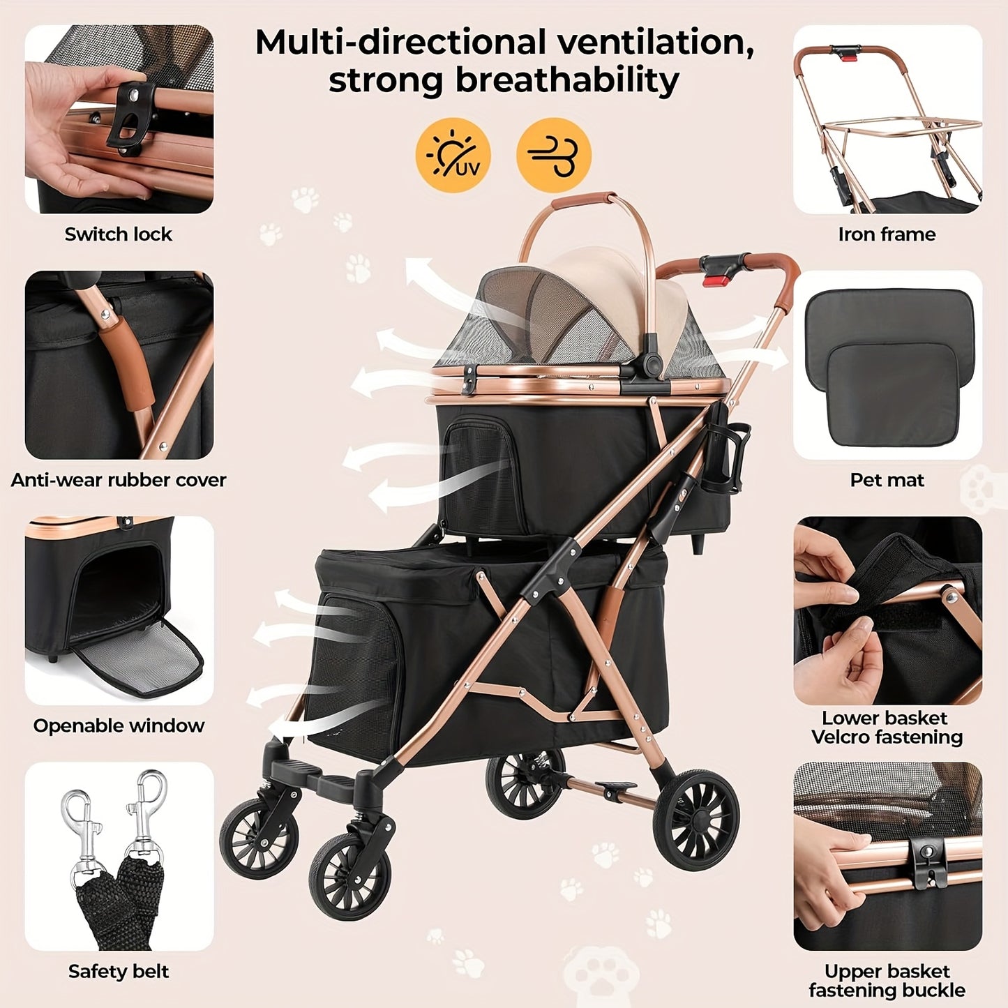 Draagbare Dierenwagen – Hondenwagen – Kattenbuggy – Huisdier Trolley – Meerzweepwagen – 360° Zwenkwielen – 25KG Draagvermogen – Opvouwbaar Met Mesh Ramen Champagne & Zwart