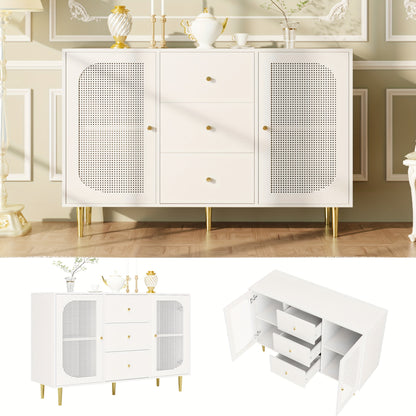 Dressoir – Sideboard – Opbergkast – Ladekast – Kast – Wit – MDF & Rattan – Multifunctionele Meubelset